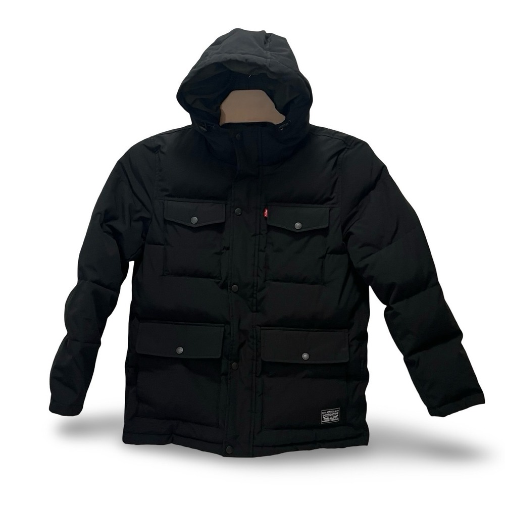 Levis Mens Arctic Cloth Hooded Puffer Parka Jacket Black LM0RP320 Small
